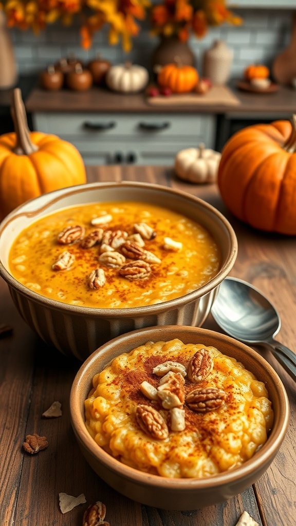 A bowl of pumpkin spice oatmeal topped with nuts and cinnamon on a wooden table.